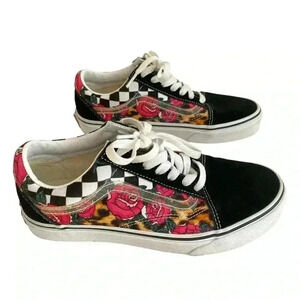 Vans Checkered Lace Sneakers Womens 7 Black Floral Skater Gamer
